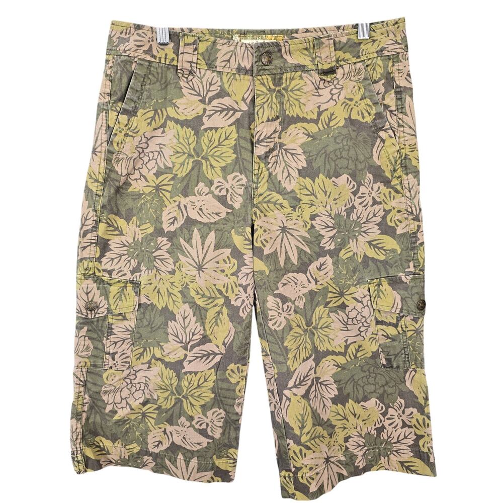 Kikit Jeans Green Floral Cargo Shorts Stretch Women Size 10 Straight Leg Pockets